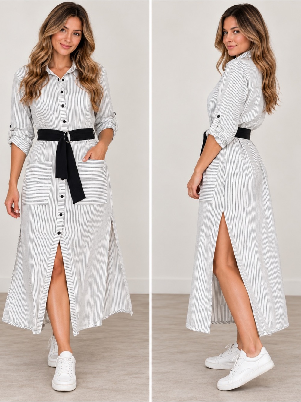 Zara White and Black Pinstripe Maxi Shirt Dress with Black Tie Belt